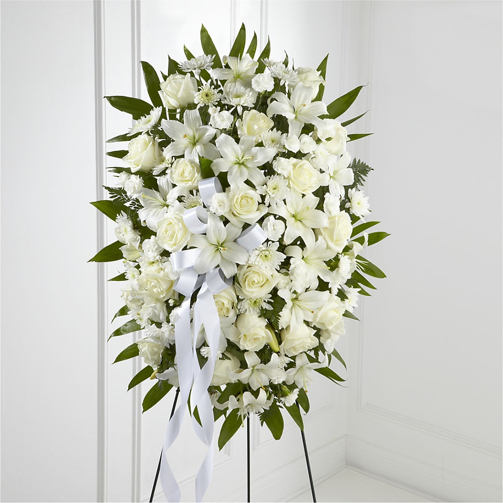 Exquisite Tribute Standing Spray-White Ribbon – L & M FLOWER SHOP, Canonsburg PA